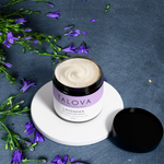 Talova lavender whipped tallow balm 100ml open jar with lavender flowers moody background