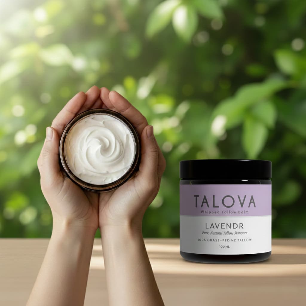 Talova lavender whipped tallow balm 100ml in hands cupping open jar with greenery background