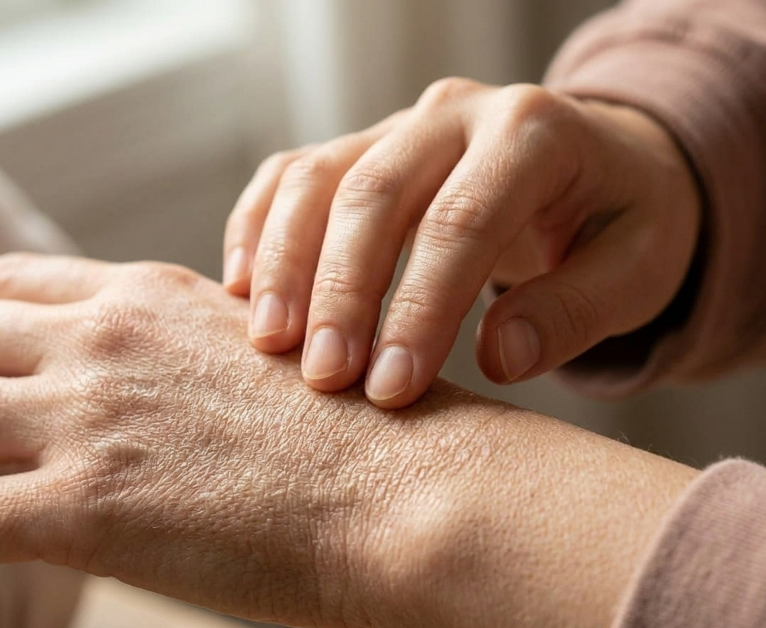 Close-up of a child's hand touching an adult's hand, with a soft focus background.